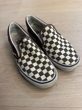 Vans Brown and Cream Checkerboard Slip-On Shoes